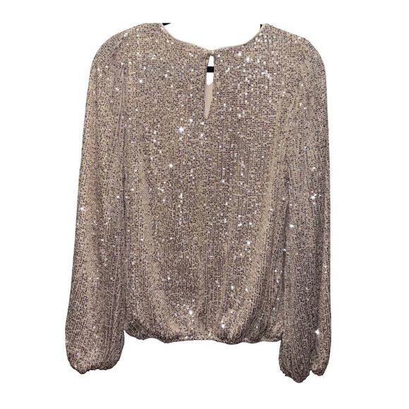 Anthropologie Flat White Sequin Long-Sleeve Top Size L Petite Keyhole Back - Picture 2 of 9